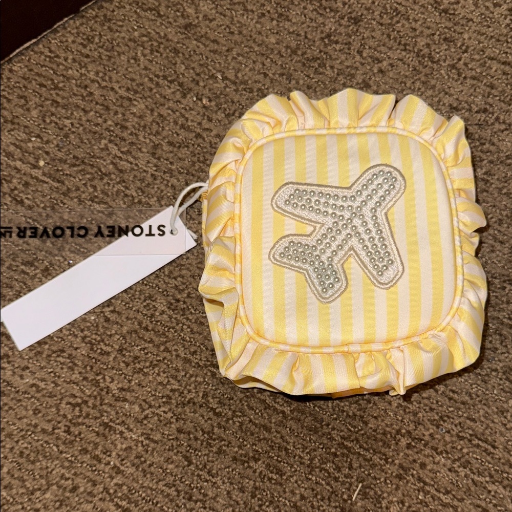NWT Stoney Clover Lane Yellow Stripe Ruffle Pearl Airplane Coin Pouch